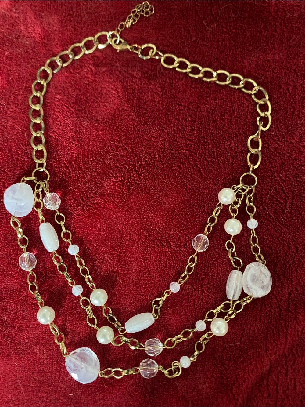 Vintage Goldtone nickel free Multi--Strand Pearl & Crystal Bead Necklace